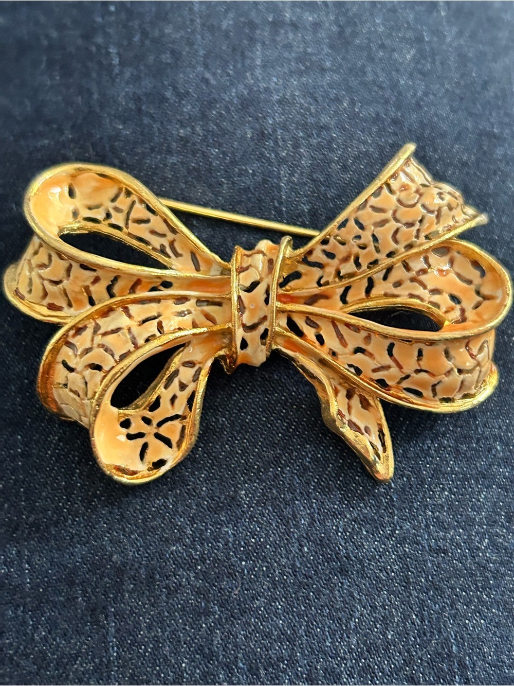 4-$100 Elegant Gold-Tone Bow Brooch Pin - Peach Enamel Accent